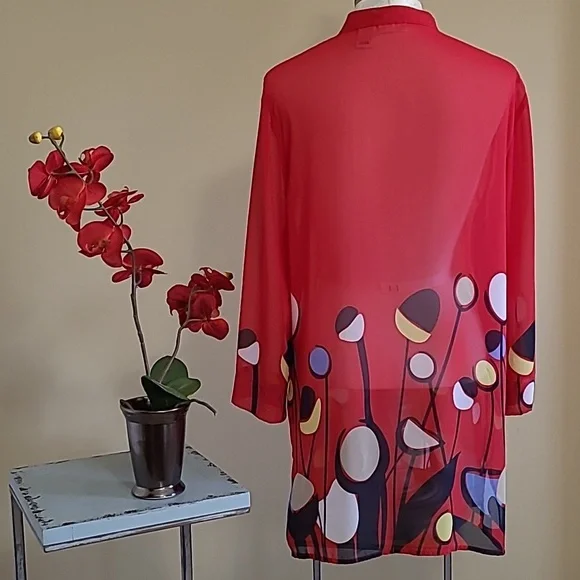 NEW Vintage Liz Baker Tunic Top Semi-sheer Chiffon Bright Red Poppies Print Lrge - Picture 3 of 9